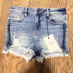 HIDDEN KENZIE Frayed Denim Shorts with Zipper Accents